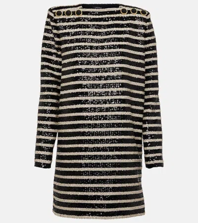 Balmain Glittered Stripe Mini Dress With Button Details In Blk White