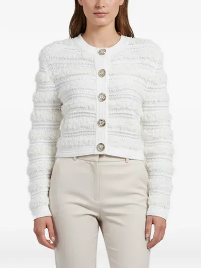 Pre-owned Balmain Sequin-embellished Bouclé-knit Cardigan In White