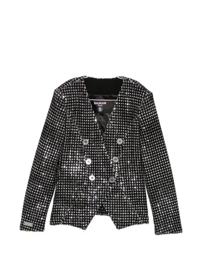 Balmain Kids' Sequin-embellished Double-breasted Jacket In Black