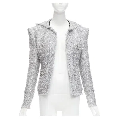 Pre-owned Balmain Sequinned Metallic Boucle Tweed Hooded Power Shoulder Jacket Fr36 S In Gray