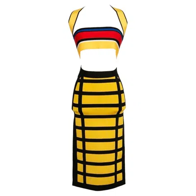 Pre-owned Balmain Set, Top And Skirt In Yellow And Black Stripes