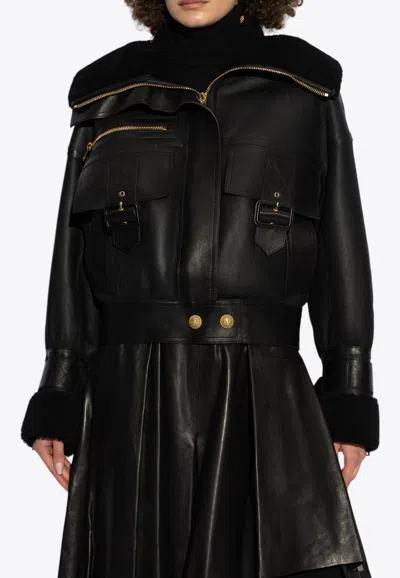 Balmain Shearling-lining Leather Jacket In Black