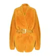 Balmain Shearling Belted Wrap Coat In Yellow
