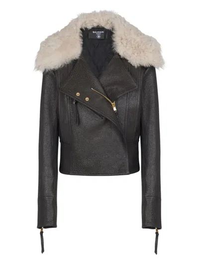 Balmain Shearling-collar Lambskin Biker Jacket In Black