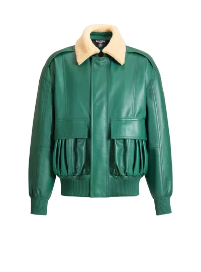 Balmain Shearling Leather Bomber Jacket In Green