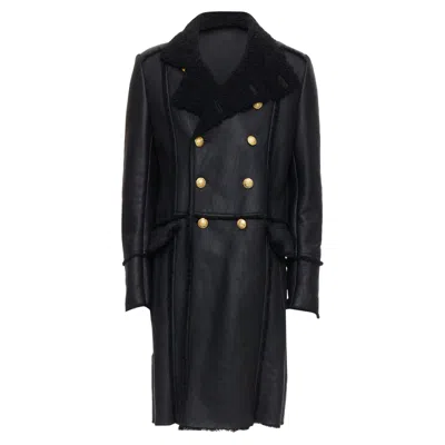 Balmain Shearling Lined Leather Gold Double Breasted Coat In Black