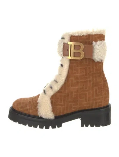 Pre-owned Balmain Shearling Printed Combat Boots In Brown