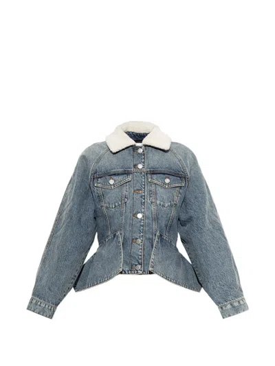 Balmain Shearling-collar Peplum Denim Jacket In Blue