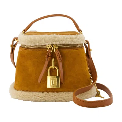 Balmain Shearling-trimmed Calfskin Top Handle Bag In Khaki