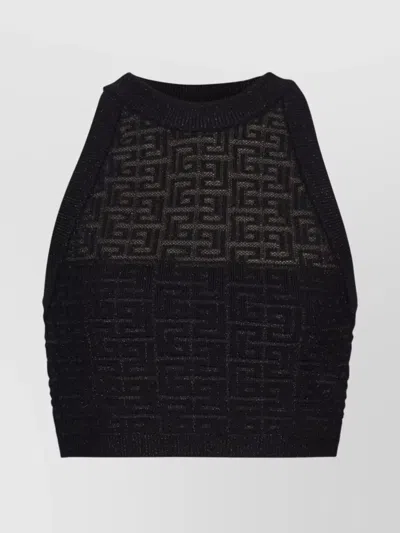 Balmain Sheer Geometric Halterneck Top With Metallic Threading In Black