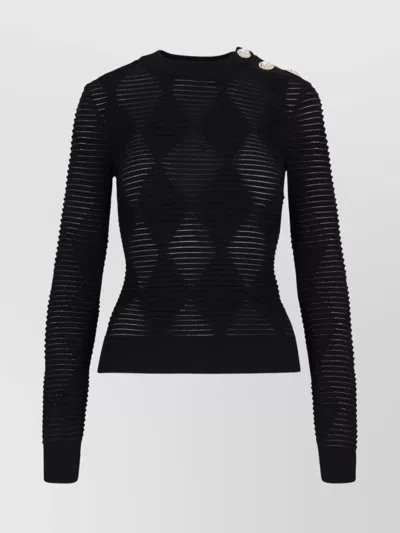BALMAIN SHEER RIBBED CREWNECK BUTTON DETAIL