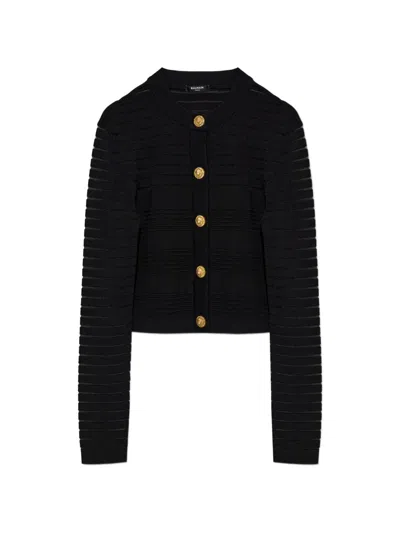 Balmain Sheer-stripe Fitted Cardigan In Black