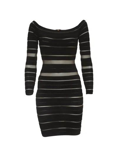 Pre-owned Balmain Sheer-striped Off-shoulder Mini Dress In Black