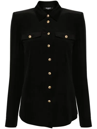 Balmain Long-sleeve Silk Shirt In Black