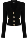Balmain Black Ribbed Cardigan With Shoulder Pads And Logoed Metal Buttons In Black