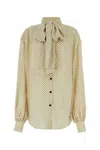 Balmain Printed Pussy Bow Silk Blouse In Crème/bleu Marine Foncé