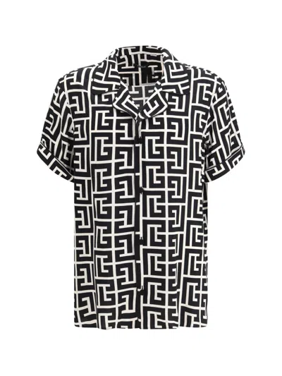 Balmain Monogram Printed Short-sleeved Shirt In Black