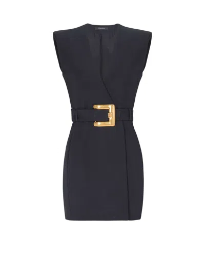 Balmain Short Belted Grain De Poudre Dress In Black