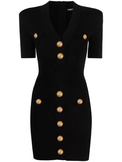 BALMAIN BALMAIN SHORT BLACK FITTED DRESS WITH BUTTONS