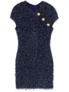 Balmain Short Boucle Dress Fringed Detail In Blue