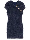 Balmain Short Boucle Dress Fringed Detail In Blue