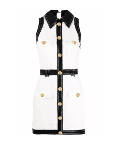 Balmain Short Buttoned Bi-colour Dress In White/black