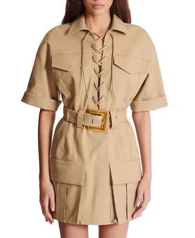 BALMAIN SHORT COTTON GABARDINE LACE-UP DRESS