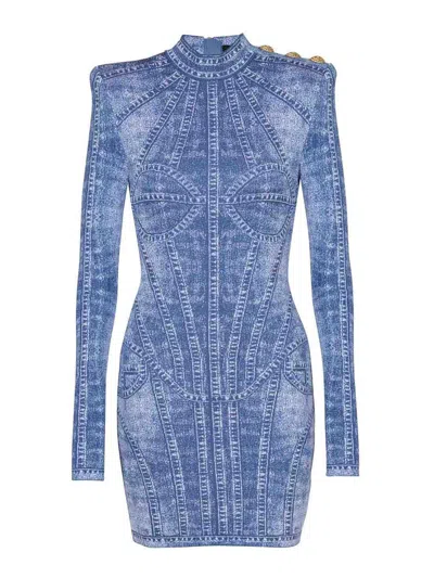 Balmain Short Denim Dress In Blue
