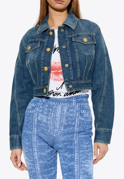 Balmain Cropped Faded Denim Jacket In Blue