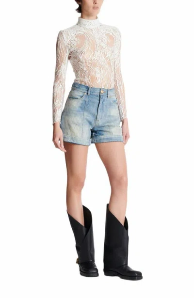 Balmain Short Diamond Denim Shorts In Blue