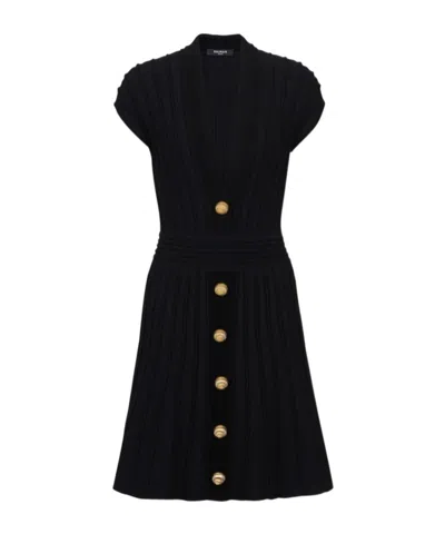 Balmain Buttoned Velvet V-neck Flared Mini Dress In Black