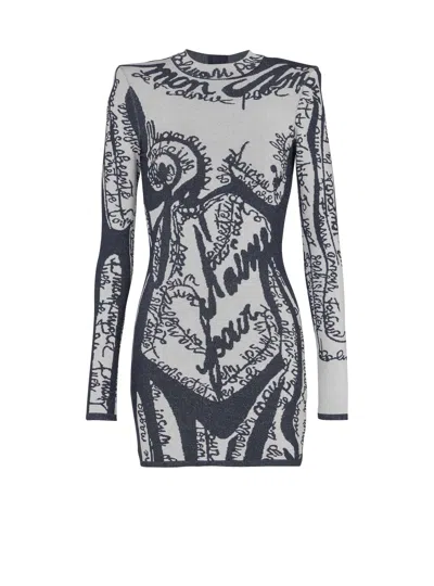Balmain Short Embroidered Dress With Body Motif In Multi