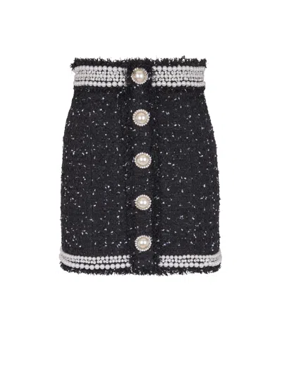Balmain Short Embroidered Polka-dot Tweed Skirt In Black