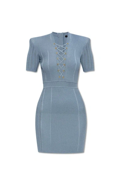 Balmain Short Fine Ribbed Knit Dress In Blue