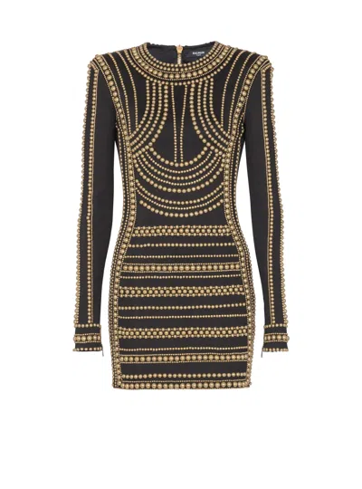 Balmain Short Gold Bead-embroidered Dress In Black