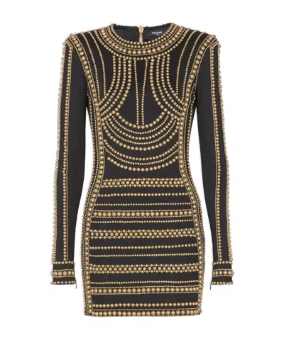 Balmain Short Gold Bead-embroidered Dress In Multi