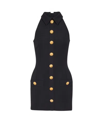 Balmain Short Grain De Poudre Dress With Buttons In Black