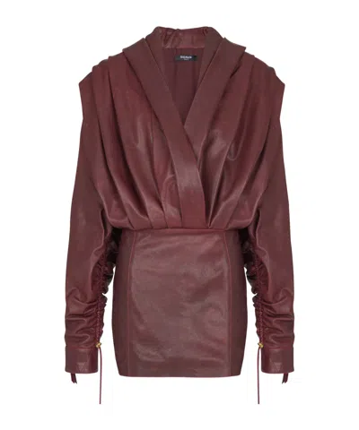Balmain Short Hooded Dress In Washed Lambskin In Brown