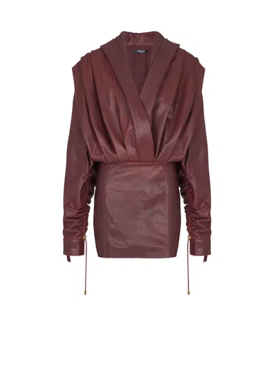 Balmain Short Hooded Dress In Washed Lambskin In Burgundy