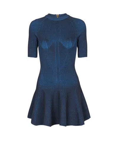 Balmain Short Knitted A-line Dress In Blue