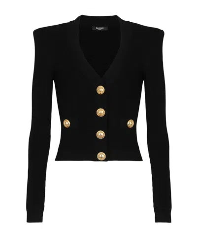 Balmain Black Fitted Cardigan With V Neckline And Jewel Buttons In Knit