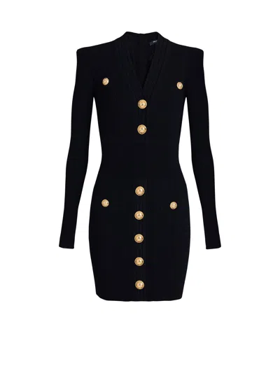 Balmain Short Knitted Dress With Gold Buttons In Black