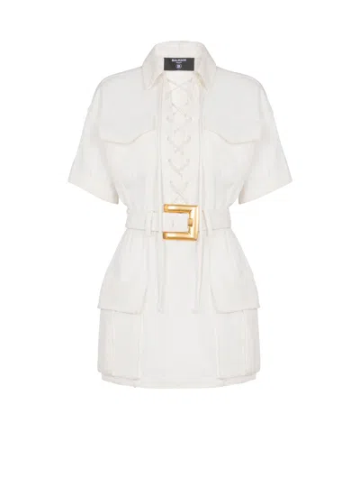 Balmain Cotton Gabardine Short Dress In White
