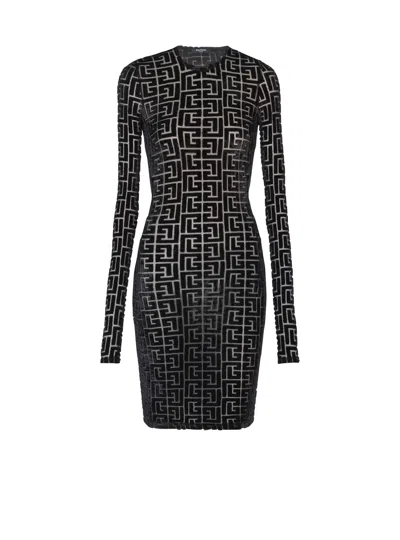 Balmain Short Monogrammed Velvet Dress In Black