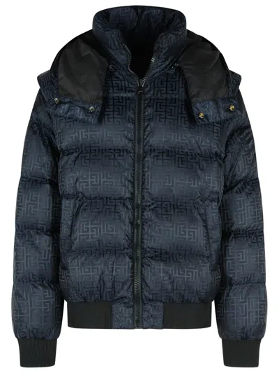 BALMAIN BALMAIN SHORT NYLON JACQUARD DOWN JACKET WITH BLACK MONOGRAM
