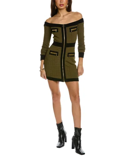 Balmain Short Off-the-shoulder Square Knit Mini Dress In Brown