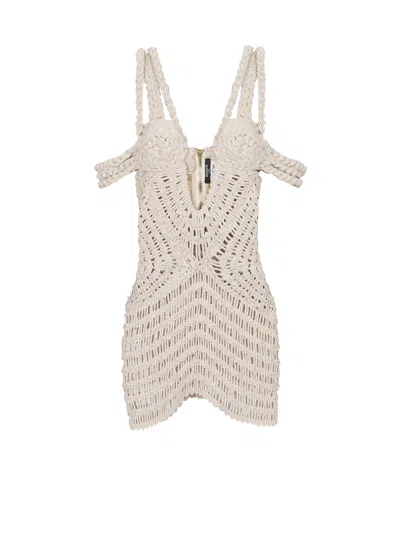 Balmain Short Openwork Macramé Dress In Nude