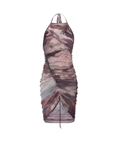Balmain Short Pastel Printed Draped Tulle Dress In Multi