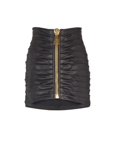 Balmain Pleated Zipper Sheepskin Mini Skirt In Black