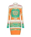 Balmain Foulard Print Long Sleeve Body-con Minidress In Orange